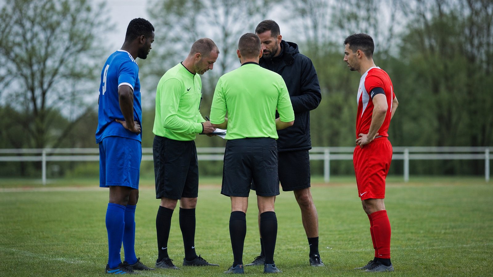 Dirigeants et joueurs attendant l'arbitre au bord du terrain avant le coup d'envoi